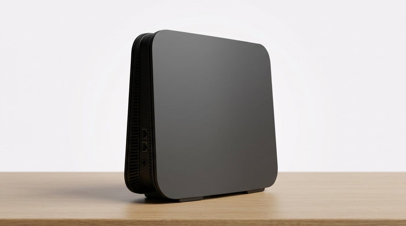Compact black wireless router on a wooden surface against a white background.