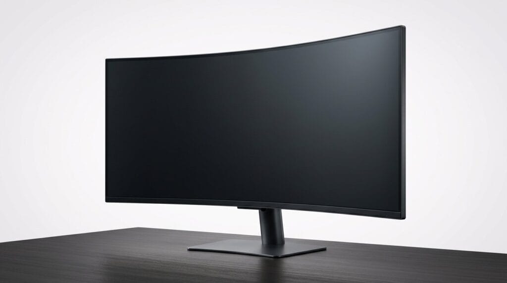 Curved widescreen monitor on a black desk against a white background, lit with soft directional light