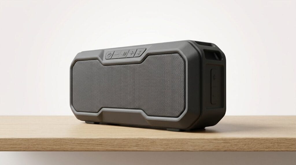 Portable black Bluetooth speaker on a wooden surface against a white background