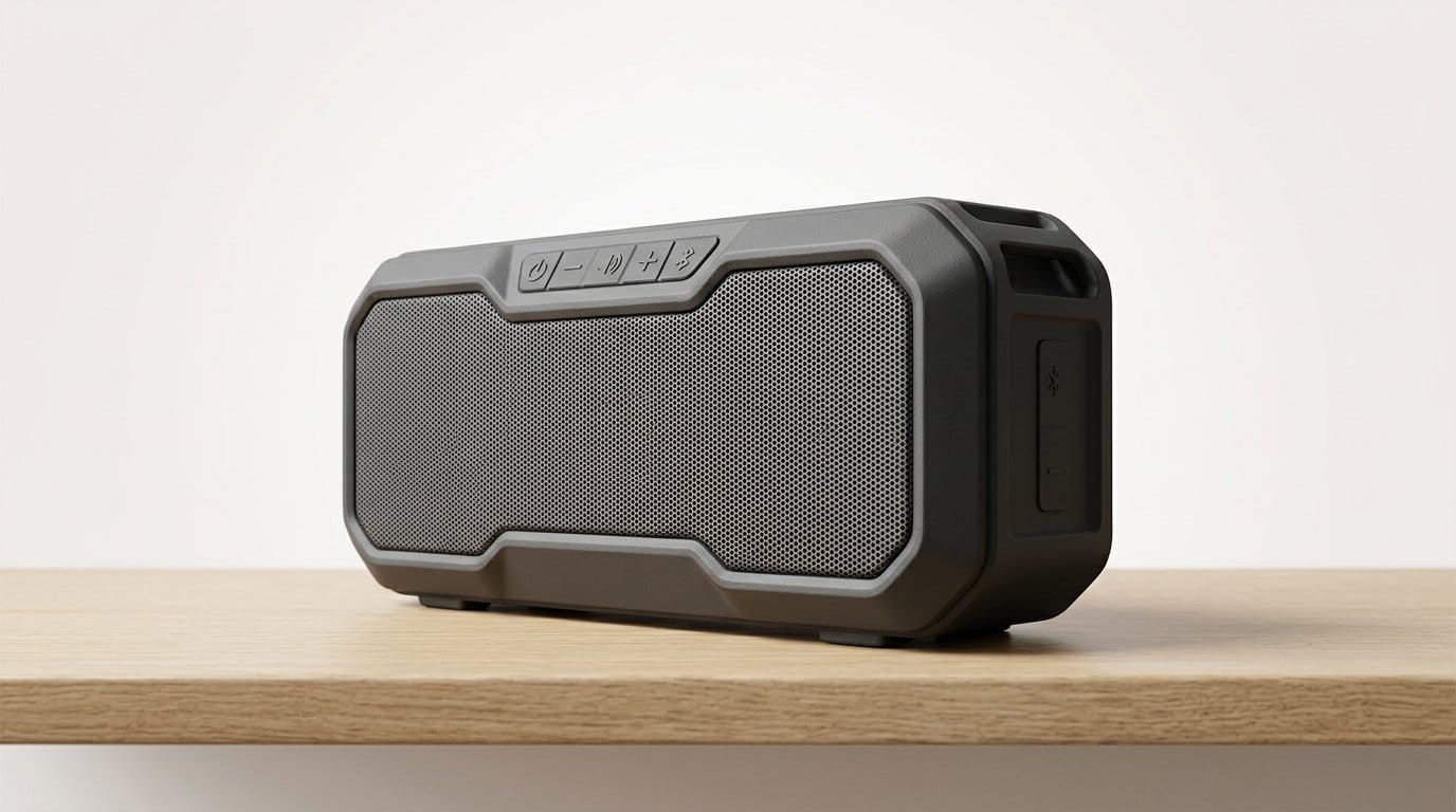 Portable black Bluetooth speaker on a wooden surface against a white background
