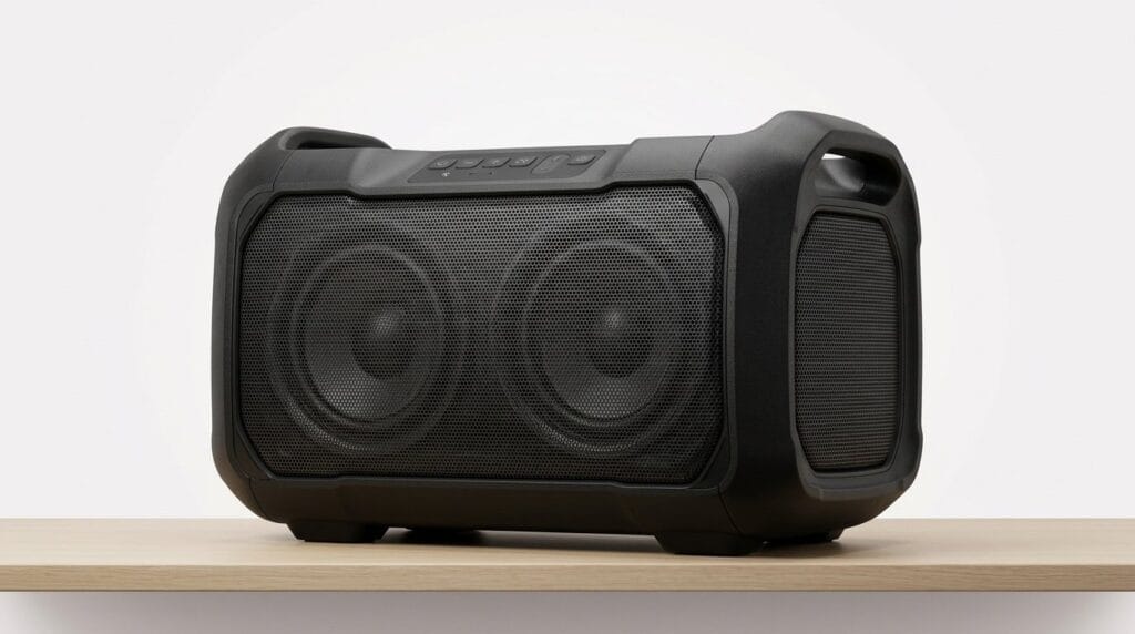 Portable black Bluetooth speaker with dual drivers on a wooden surface, with loud bass.