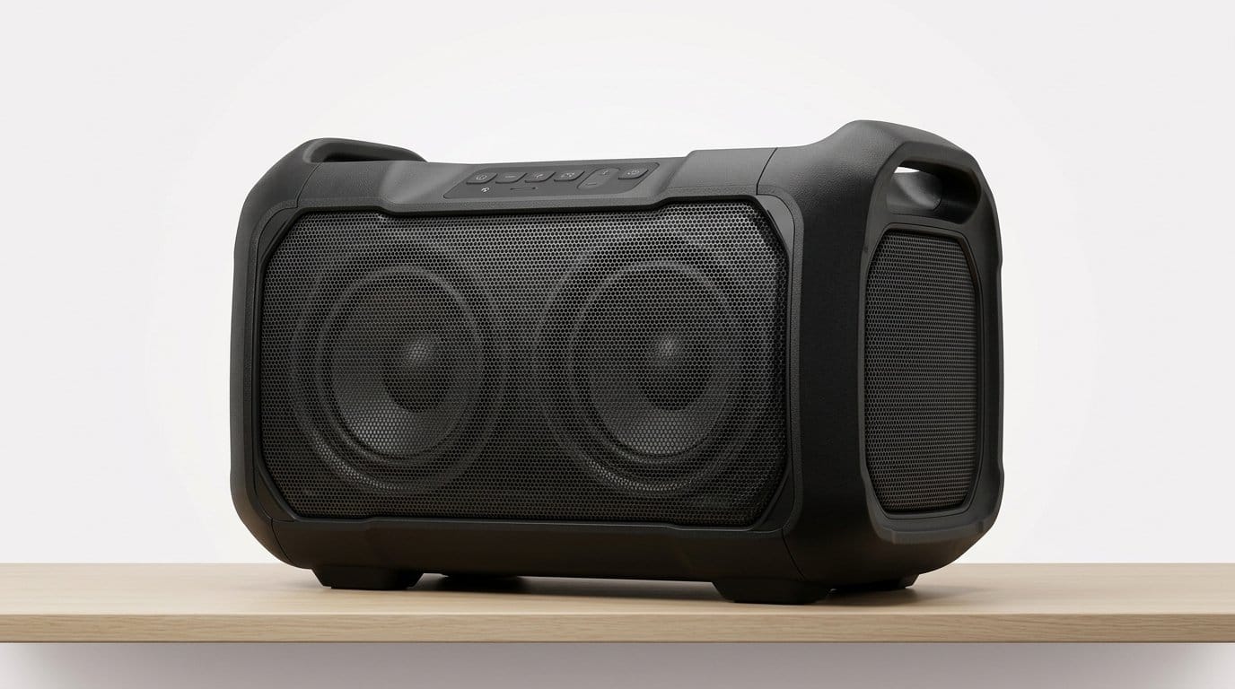Portable black Bluetooth speaker with dual drivers on a wooden surface, with loud bass.