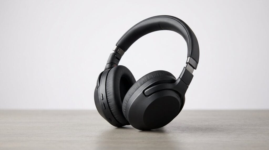 Black wireless over-ear noise-cancelling headphones on a gray surface against a white background
