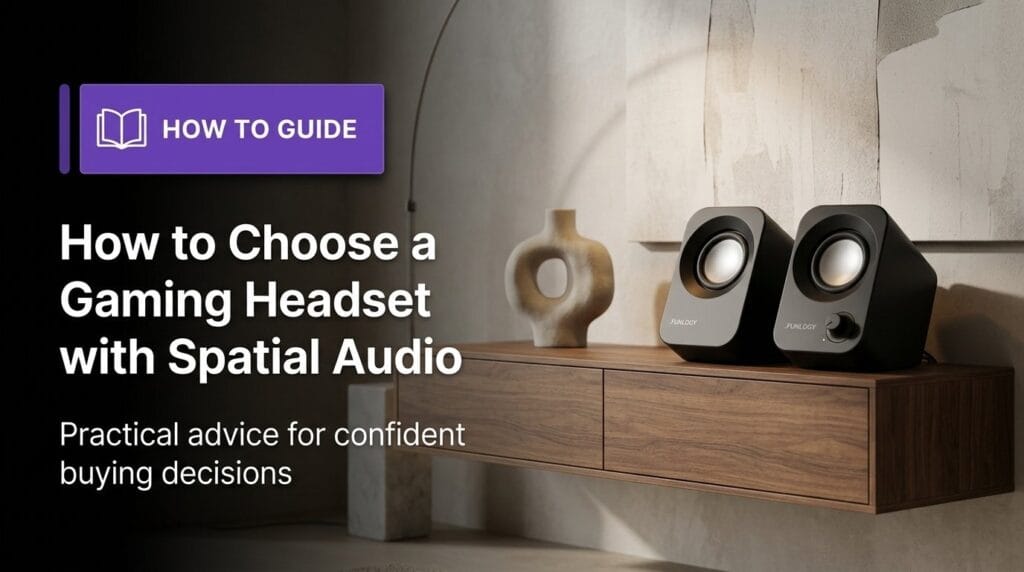 Gaming console on a minimal surface with soft directional light for a spatial audio headset guide