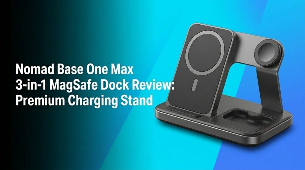 Nomad Base One Max 3-in-1 MagSafe Dock premium charging stand on a colorful studio backdrop