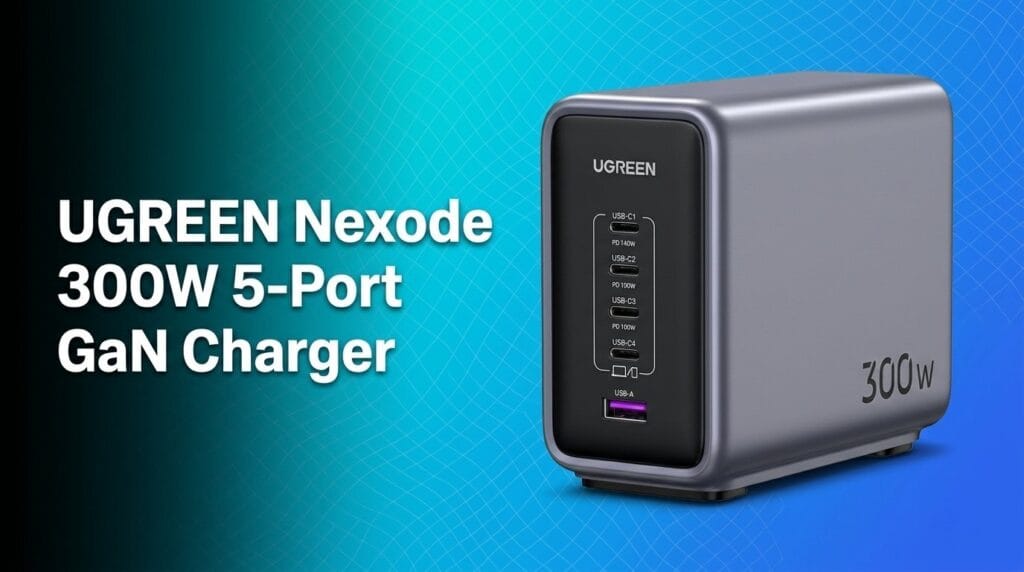 UGREEN Nexode 300W 5-Port GaN charger featured image on a colorful studio backdrop.