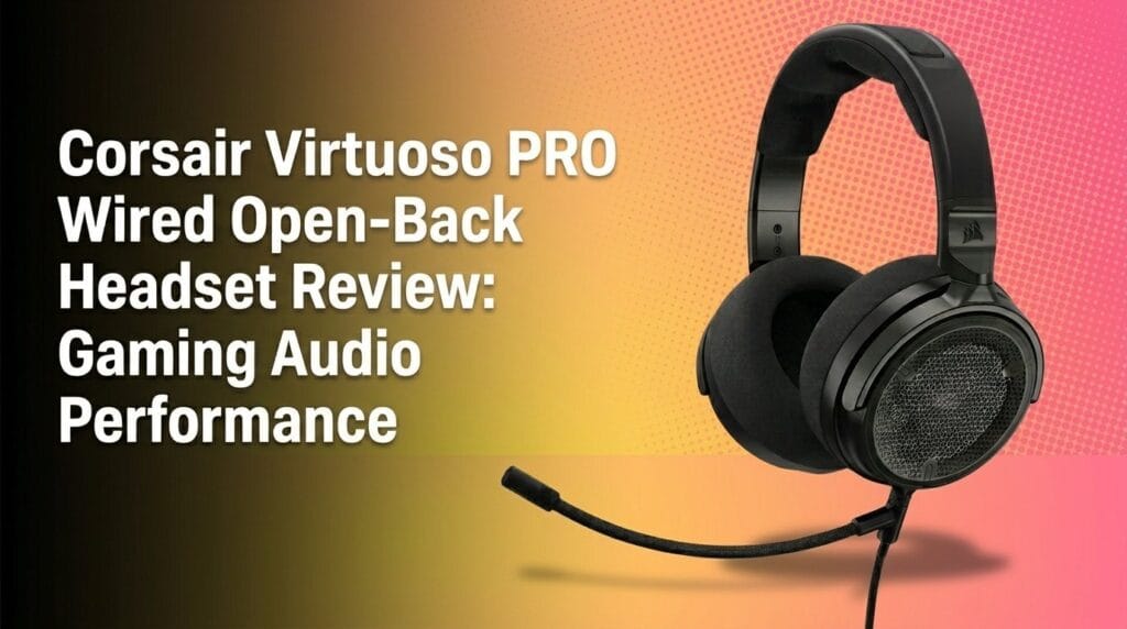 Corsair Virtuoso PRO wired open-back headset review featured image on a colorful studio backdrop.
