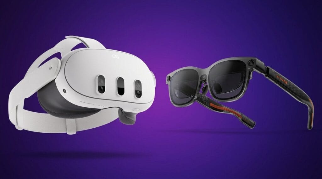 VR headset and smart glasses side by side on a purple background with soft lighting