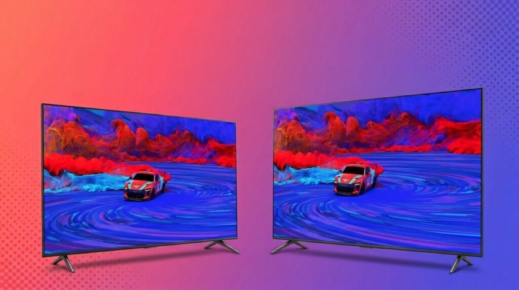 Two flat-screen TVs side by side, 65-inch and 75-inch, showing a red and blue ocean scene with a boat