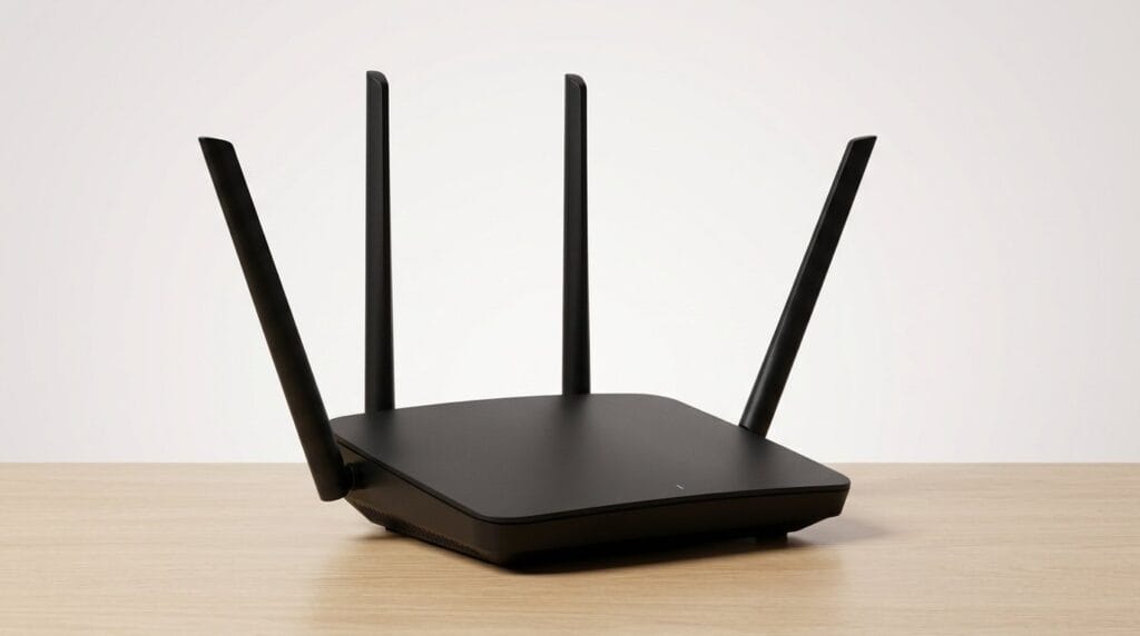Black wireless router with four antennas on a wooden surface, lit by soft directional light