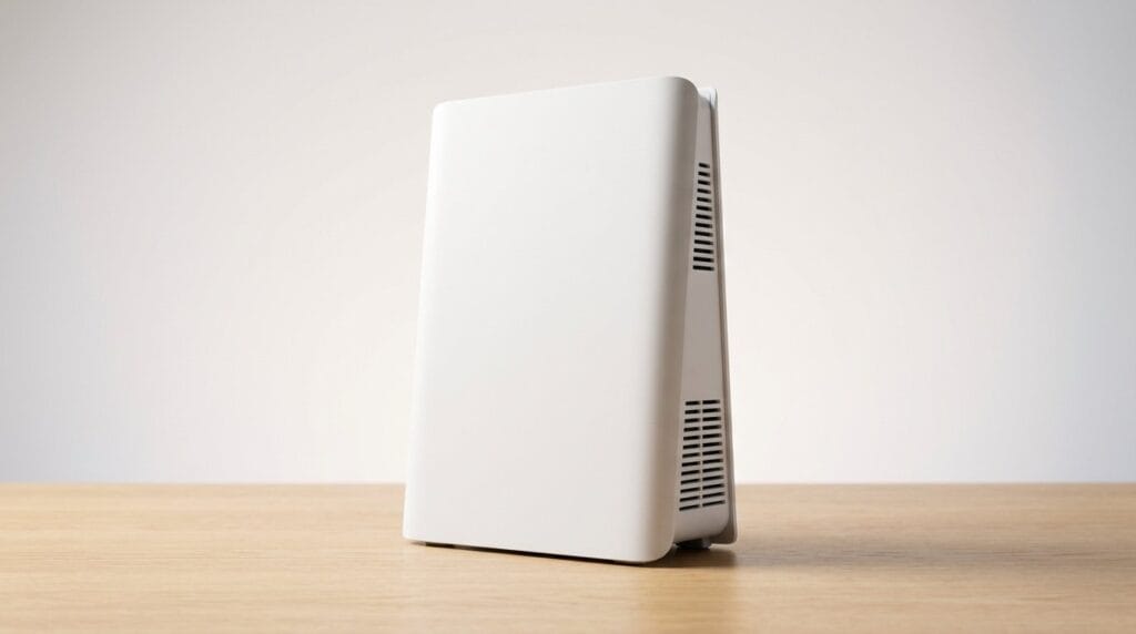 Compact white air purifier on a wooden surface with soft directional light
