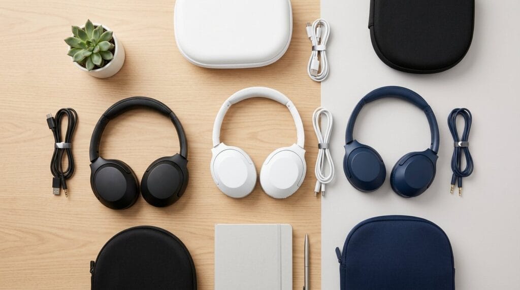 Overhead view of black, white, and blue wireless noise-cancelling headphones with cables and cases on a wooden surface