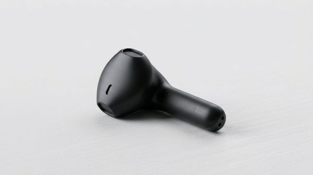 Black wireless earbud on a white surface with soft directional light for an ANC Android earbuds guide