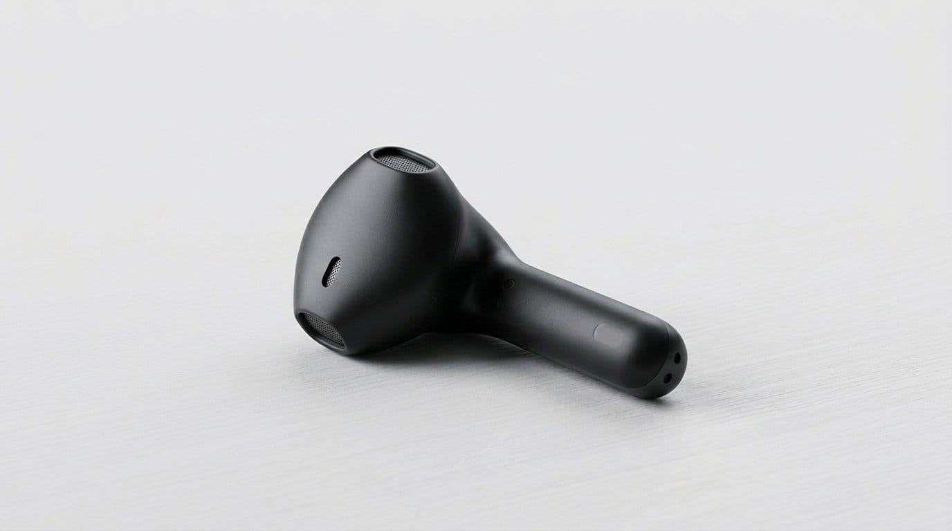 Black wireless earbud on a white surface with soft directional light for an ANC Android earbuds guide