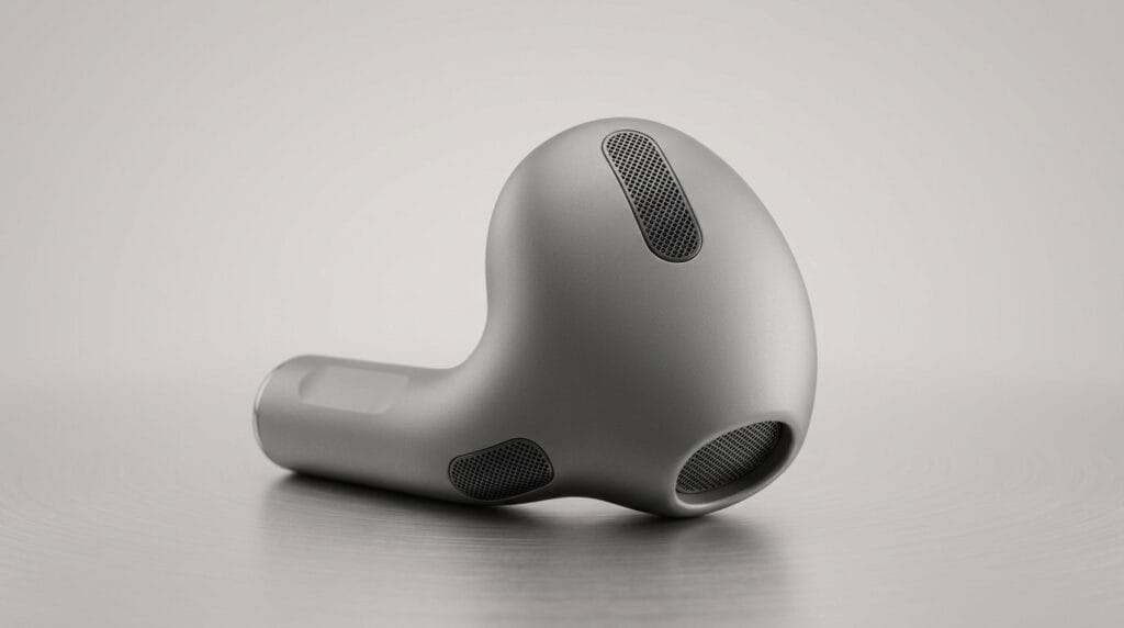 Sleek wireless earbud on a neutral background, featured image for the best earbuds for clear phone calls guide