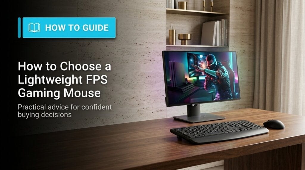 Wireless mouse on a minimal surface with soft directional light for an FPS gaming mouse guide