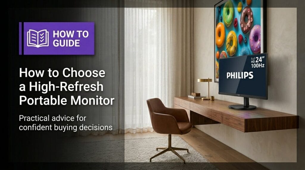 Minimal hero image of a computer monitor on a surface with soft directional light for a high-refresh portable monitor guide