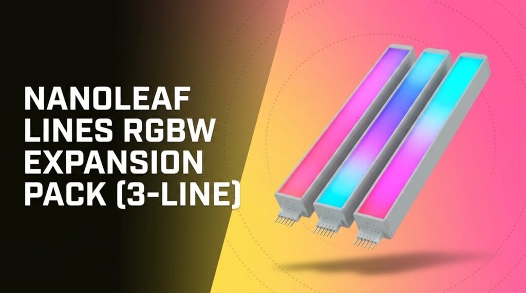 Nanoleaf Lines RGBW Expansion Pack with 3 light bars on a colorful gradient backdrop for product review feature.