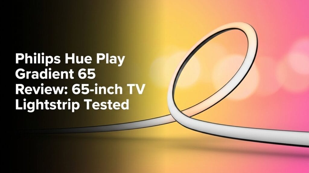 Philips Hue Play Gradient 65-inch TV lightstrip review featured image on a colorful studio backdrop.