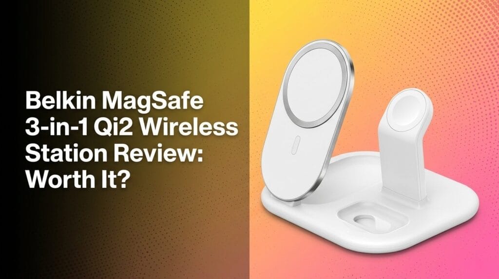 Belkin MagSafe 3-in-1 Qi2 wireless station review featured image on colorful gradient backdrop