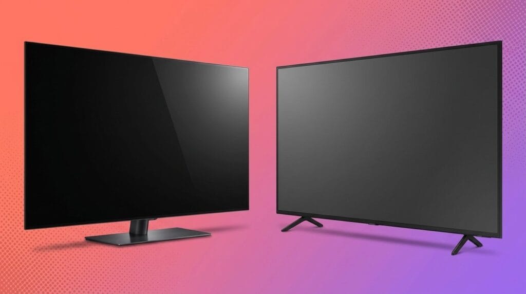 Two modern flat-screen TVs on a gradient background, comparing OLED vs QLED for bright rooms.