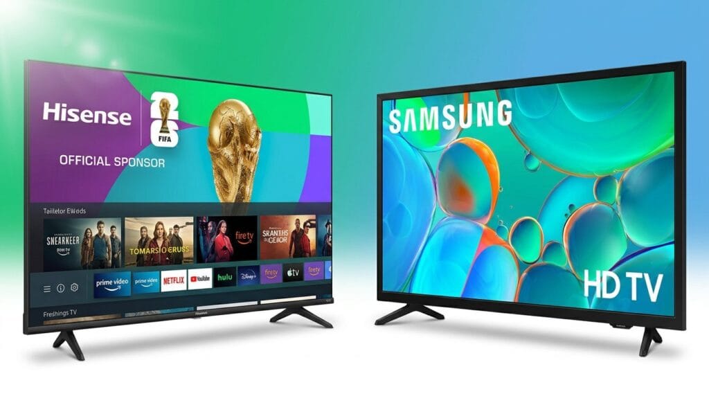 Hisense and Samsung HD TVs side by side showing smart features and display quality