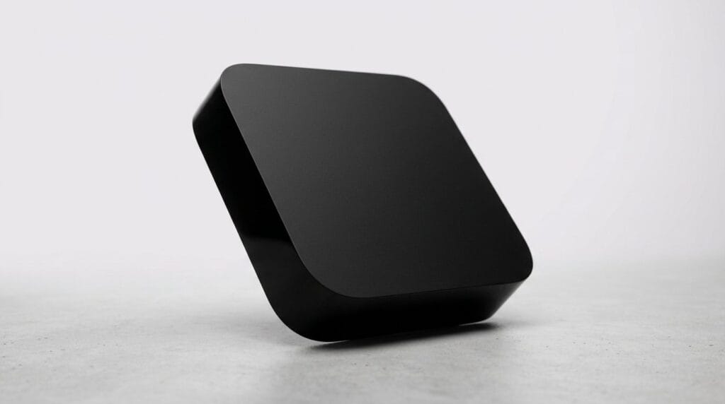 Sleek black wireless router on a light background with soft directional light