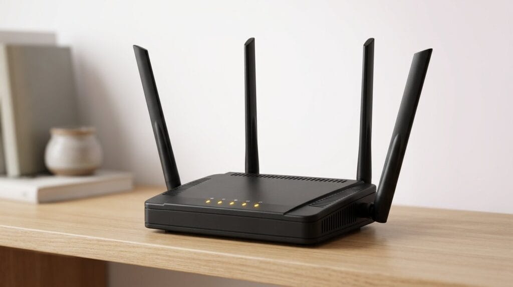 Black wireless router with four antennas on a wooden shelf, shot with shallow depth of field.