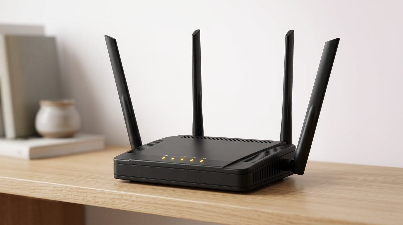 Black wireless router with four antennas on a wooden shelf, shot with shallow depth of field.