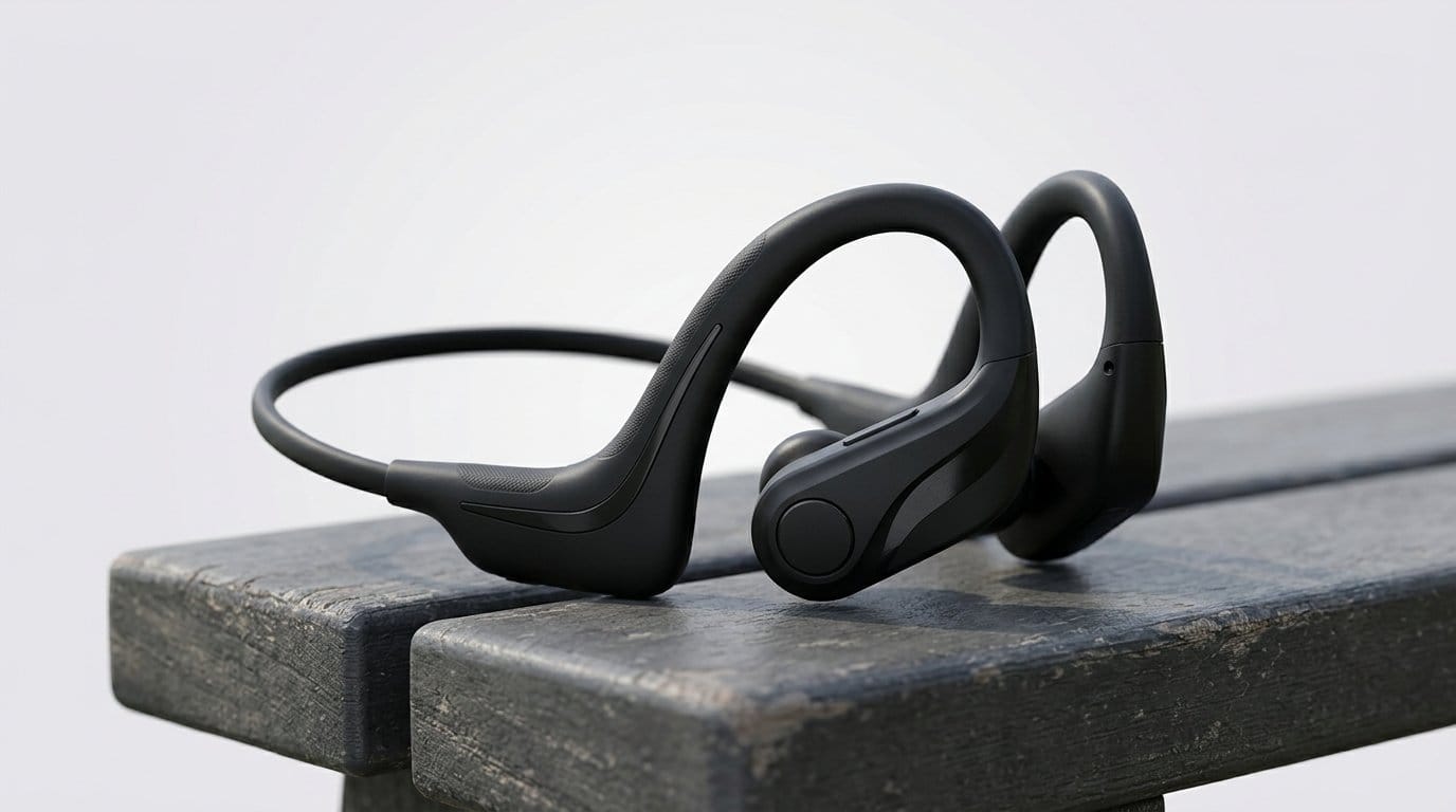 Wireless bone conduction headphones resting on a wooden bench outdoors