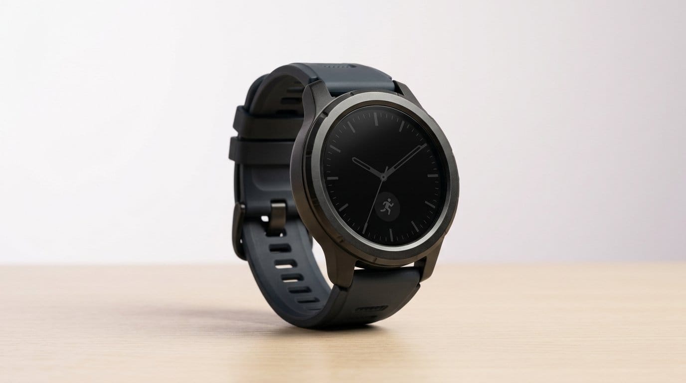 Black modern Android smartwatch with round face and silicone strap on a wooden surface, lit softly.