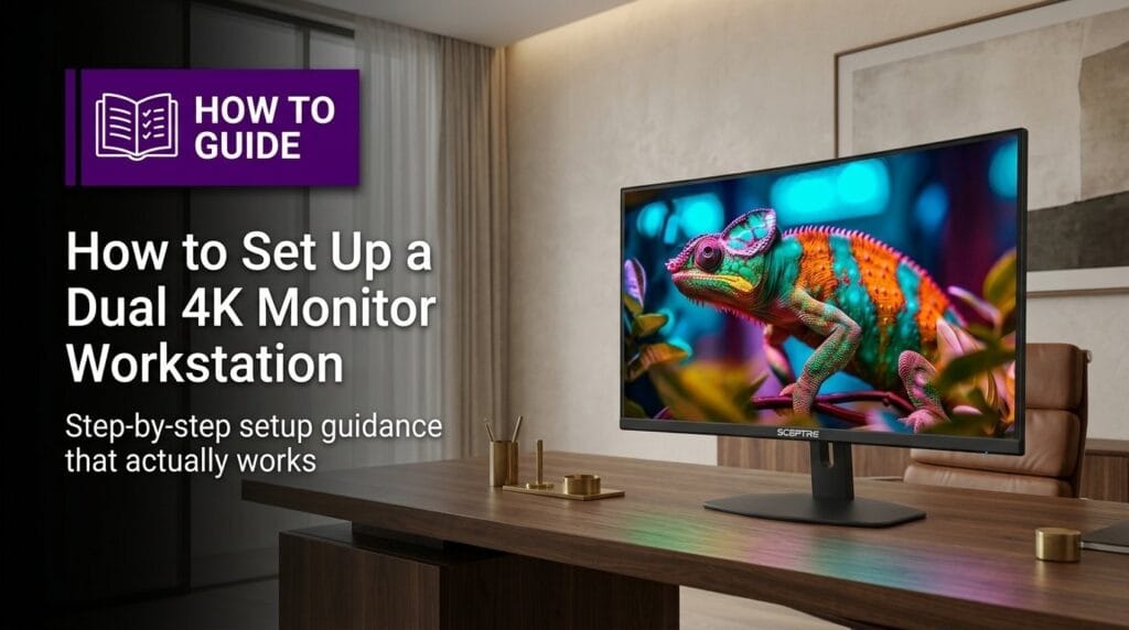 Computer monitor on a minimal surface with soft directional light for a dual 4K workstation guide