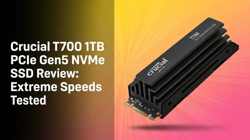 Crucial T700 1TB PCIe Gen5 NVMe SSD review featured image on a colorful gradient backdrop.