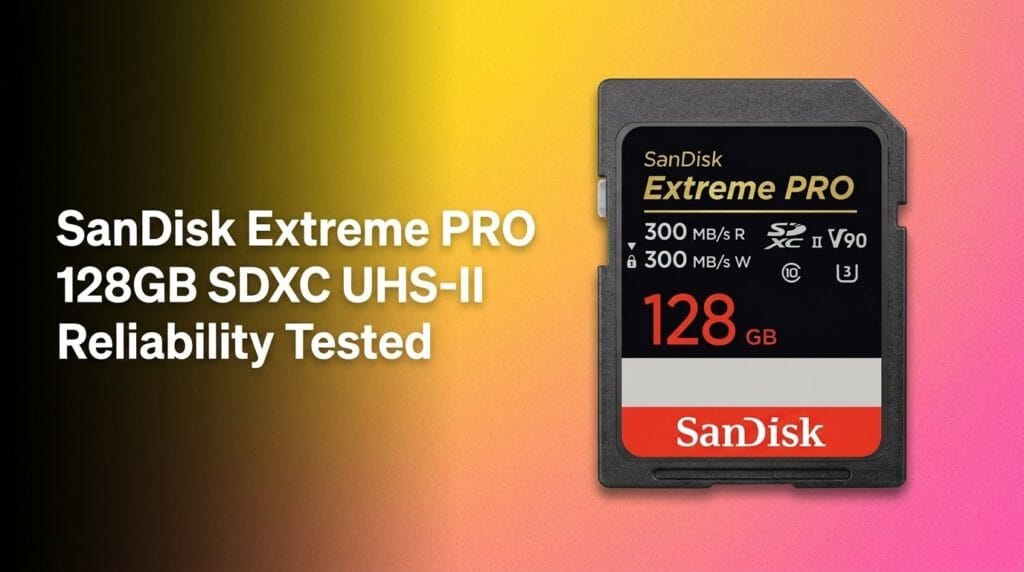 SanDisk Extreme PRO 128GB SDXC UHS-II memory card review hero image on a colorful gradient backdrop