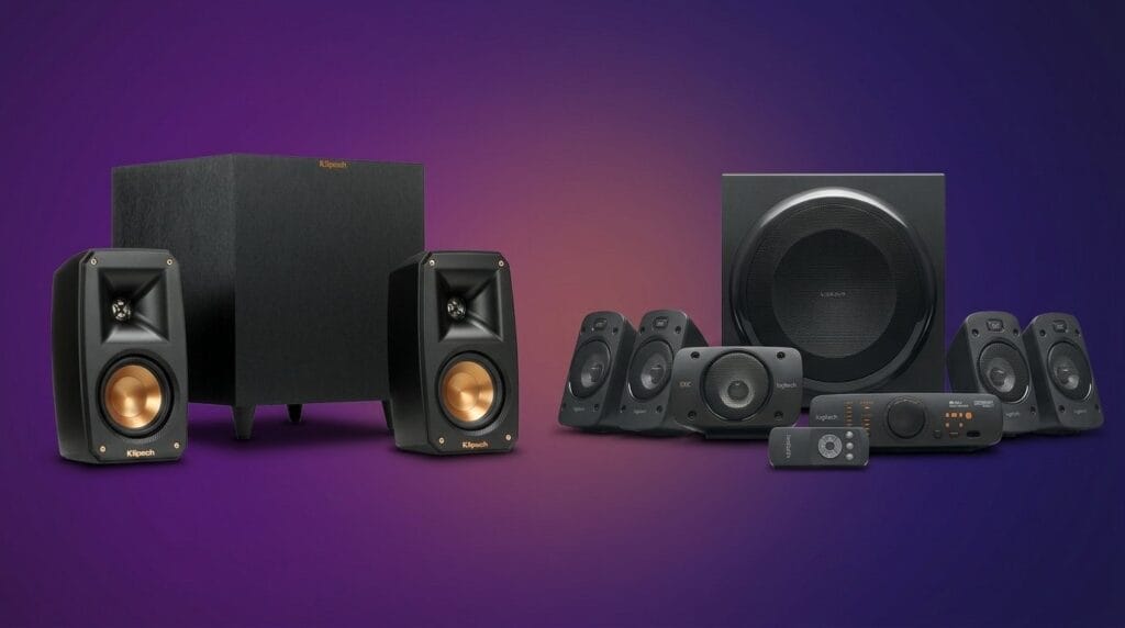 Side-by-side 2.1 and 5.1 home theater speaker systems on a purple background