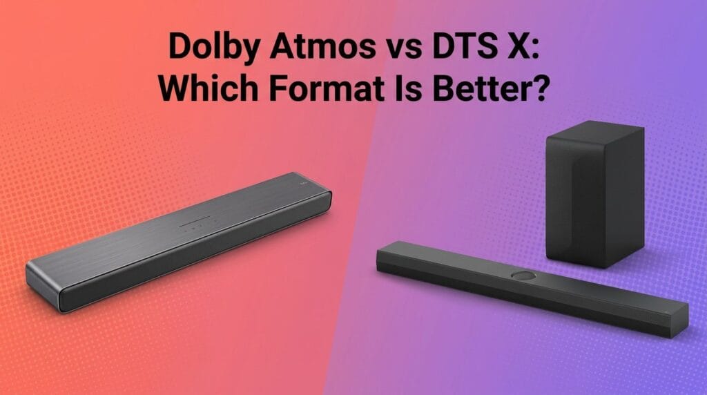 Dolby Atmos vs DTS:X comparison on a minimal surface with soft directional light.