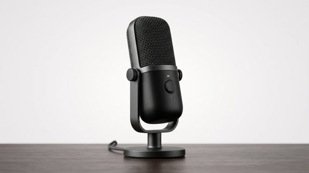 Black desktop microphone on a wooden surface with a plain background.