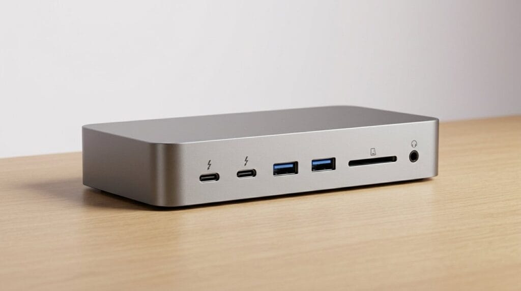 Compact USB-C docking station with USB, HDMI, and SD card ports on a wooden surface