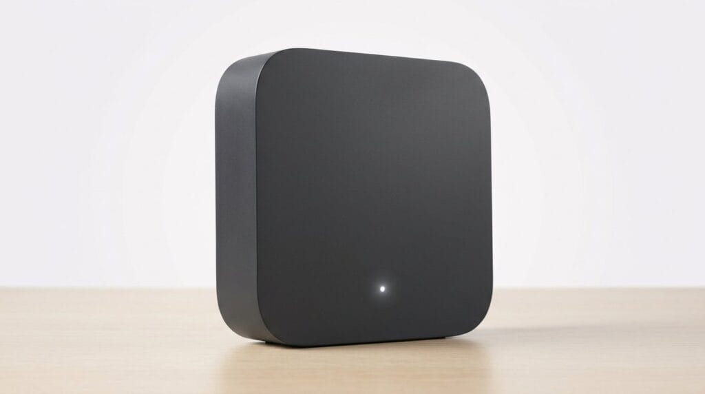 Compact black smart home hub on a wooden surface with a lit LED indicator under soft light