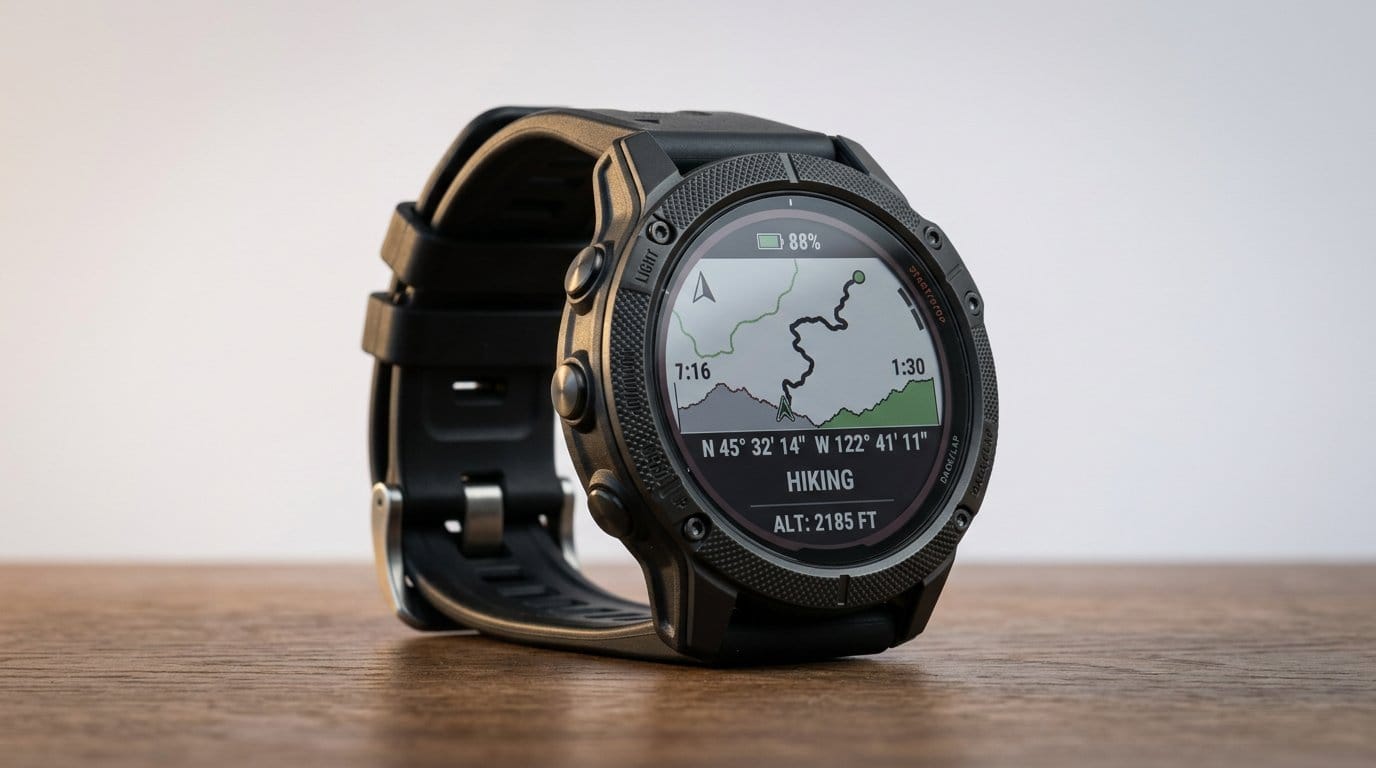 Rugged GPS watch displaying a navigation map for hiking and outdoor use