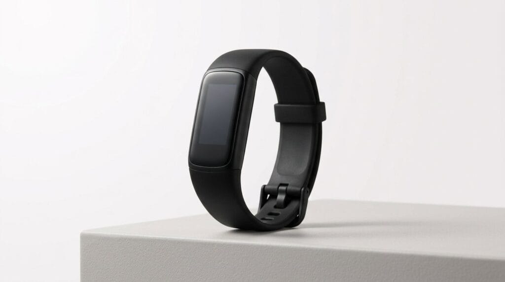 Black fitness tracker with digital display on a minimalist white surface, lit softly from the side.