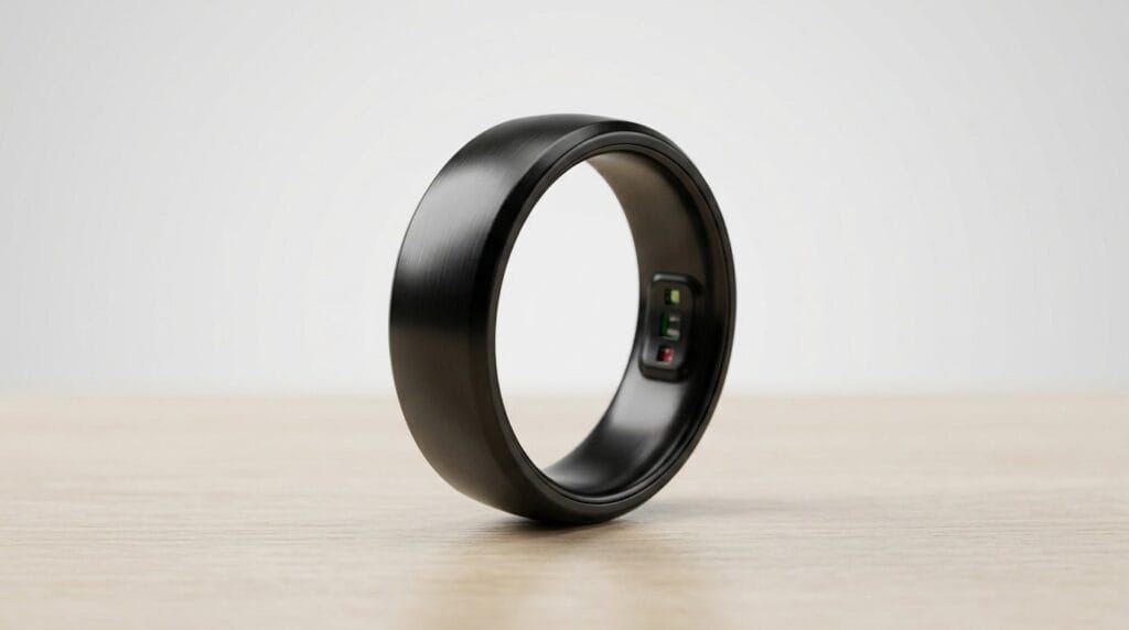 Black smart ring with health tracking sensors on a wooden surface, lit softly from the side.