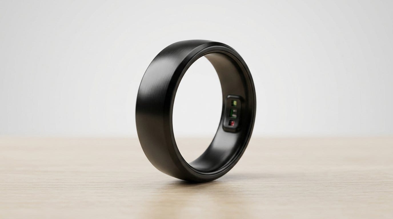 Black smart ring with health tracking sensors on a wooden surface, lit softly from the side.