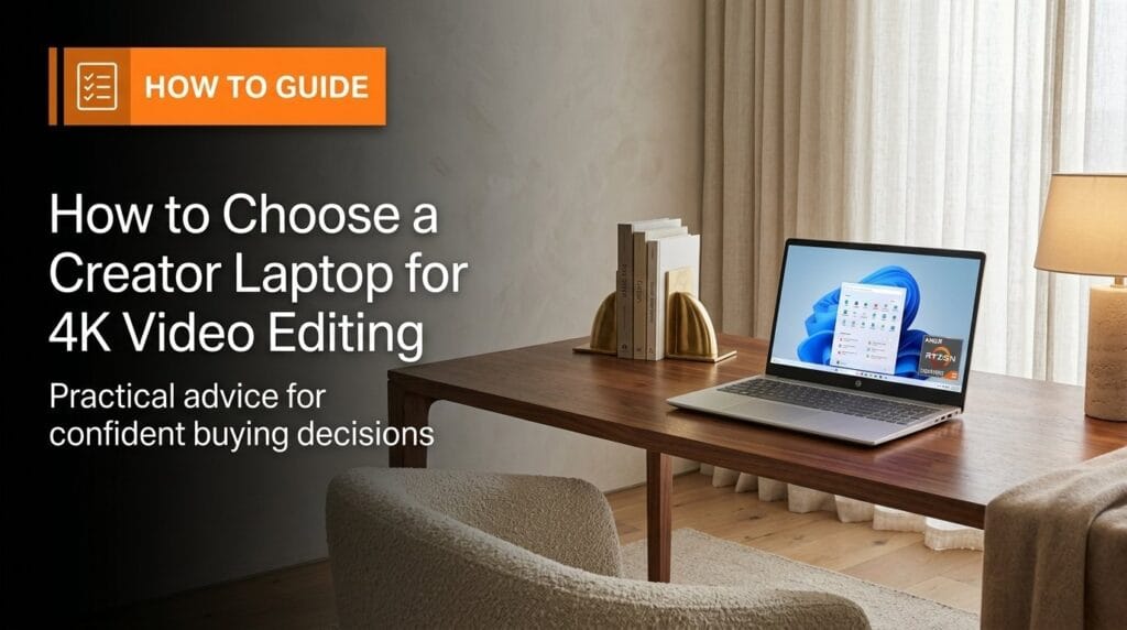 Laptop on a minimal desk for a guide on choosing a creator laptop for 4K video editing