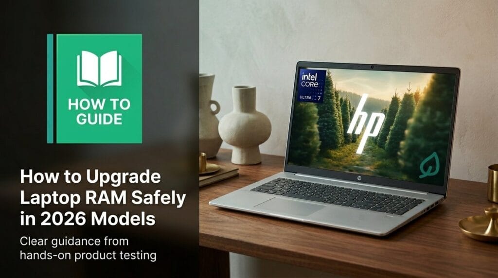 Laptop on a minimal desk for a guide on upgrading laptop RAM safely in 2026 models