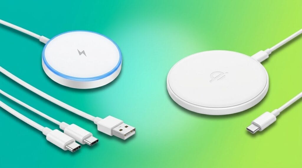 Magnetic wireless charger and standard wireless charger on a green gradient background with USB cables