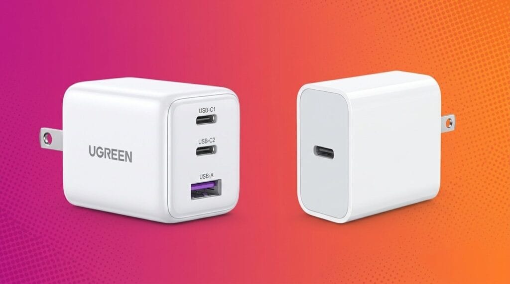 UGREEN white compact GaN charger with multiple ports on a gradient background