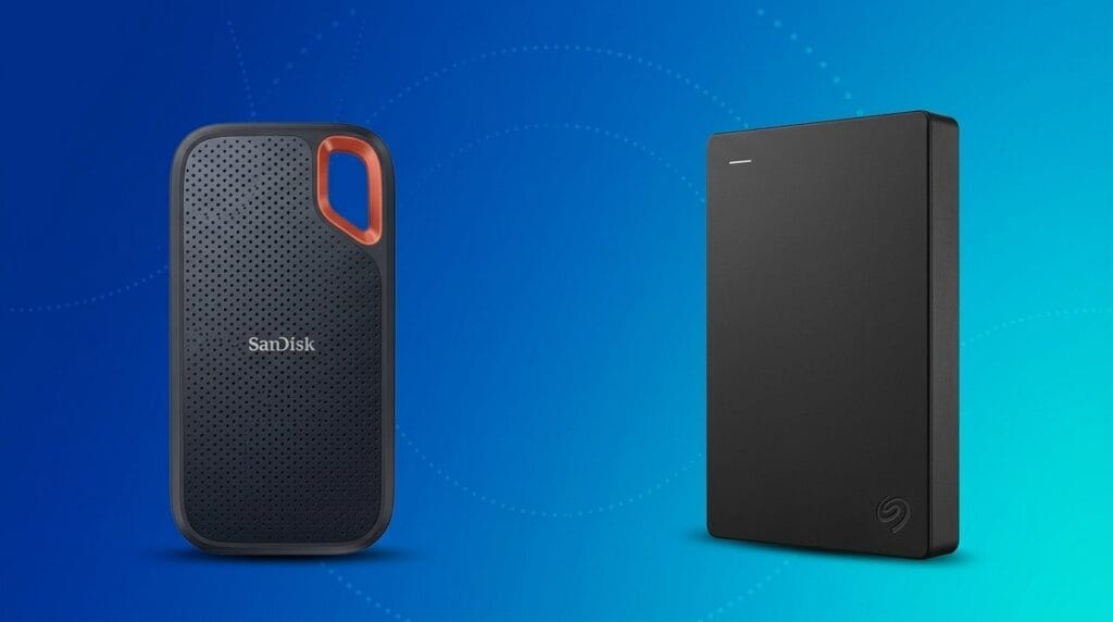 Portable SSD drives on a blue gradient background, shown in a sleek side-by-side comparison.