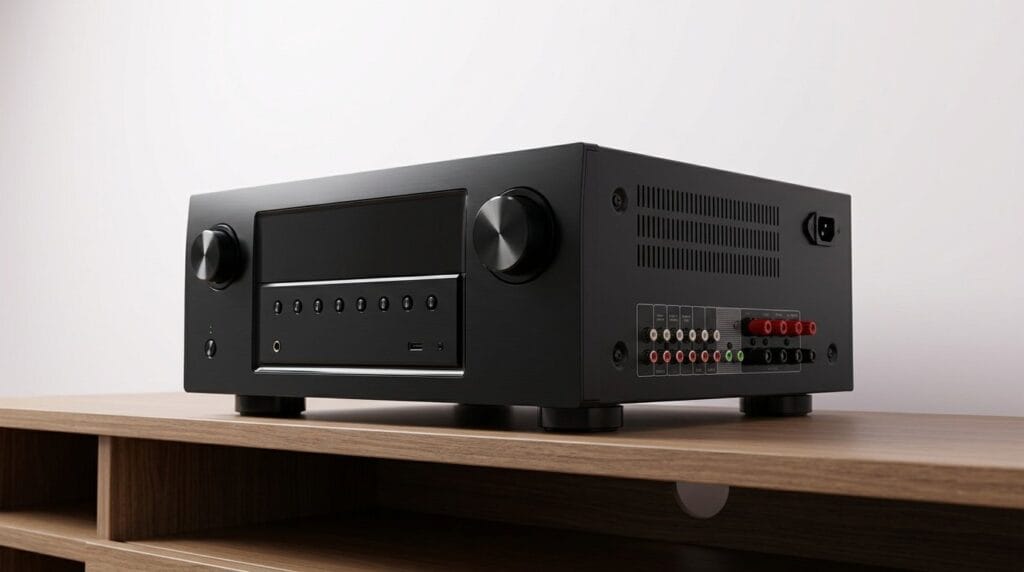 Black audio amplifier on a wooden shelf against a white background, lit by soft directional light