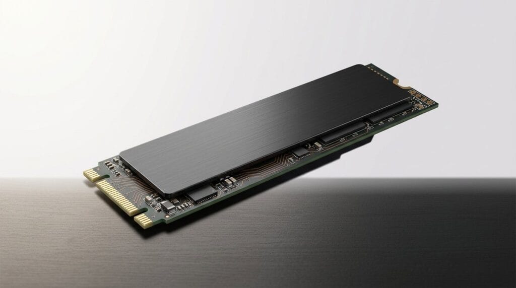 High-performance NVMe M.2 SSD on a minimal surface with soft directional light.